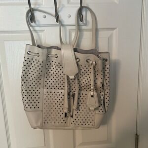 Olivia Harris Tribeca White Perforated Leather Zipper Backpack Bag Purse